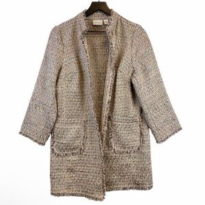 Chico’s Tweed Open Front Jacket Long Cardigan Neutral Fringe Trim, Size 1 - Med